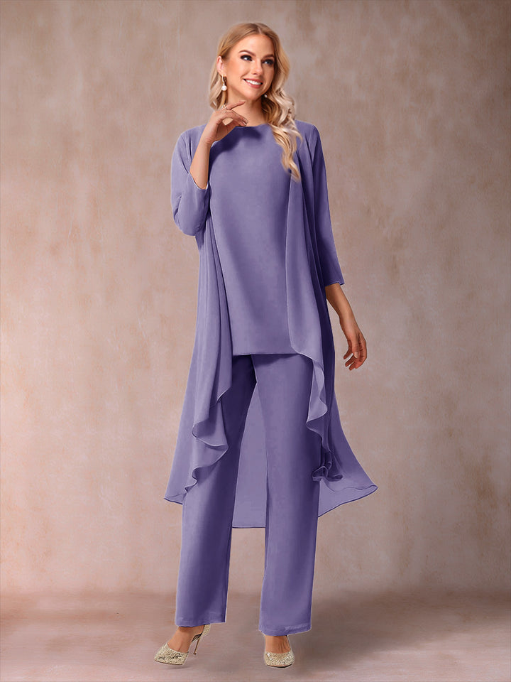 Chiffon Scoop 3/4 Sleeves 3 Pieces Pantsuits with Ruched &amp; Jacket