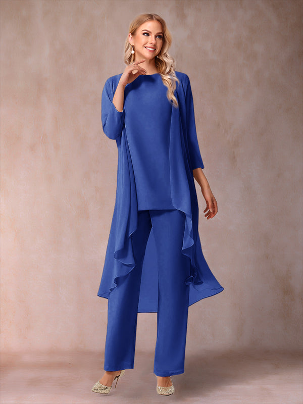 Chiffon Scoop 3/4 Sleeves 3 Pieces Pantsuits with Ruched & Jacket
