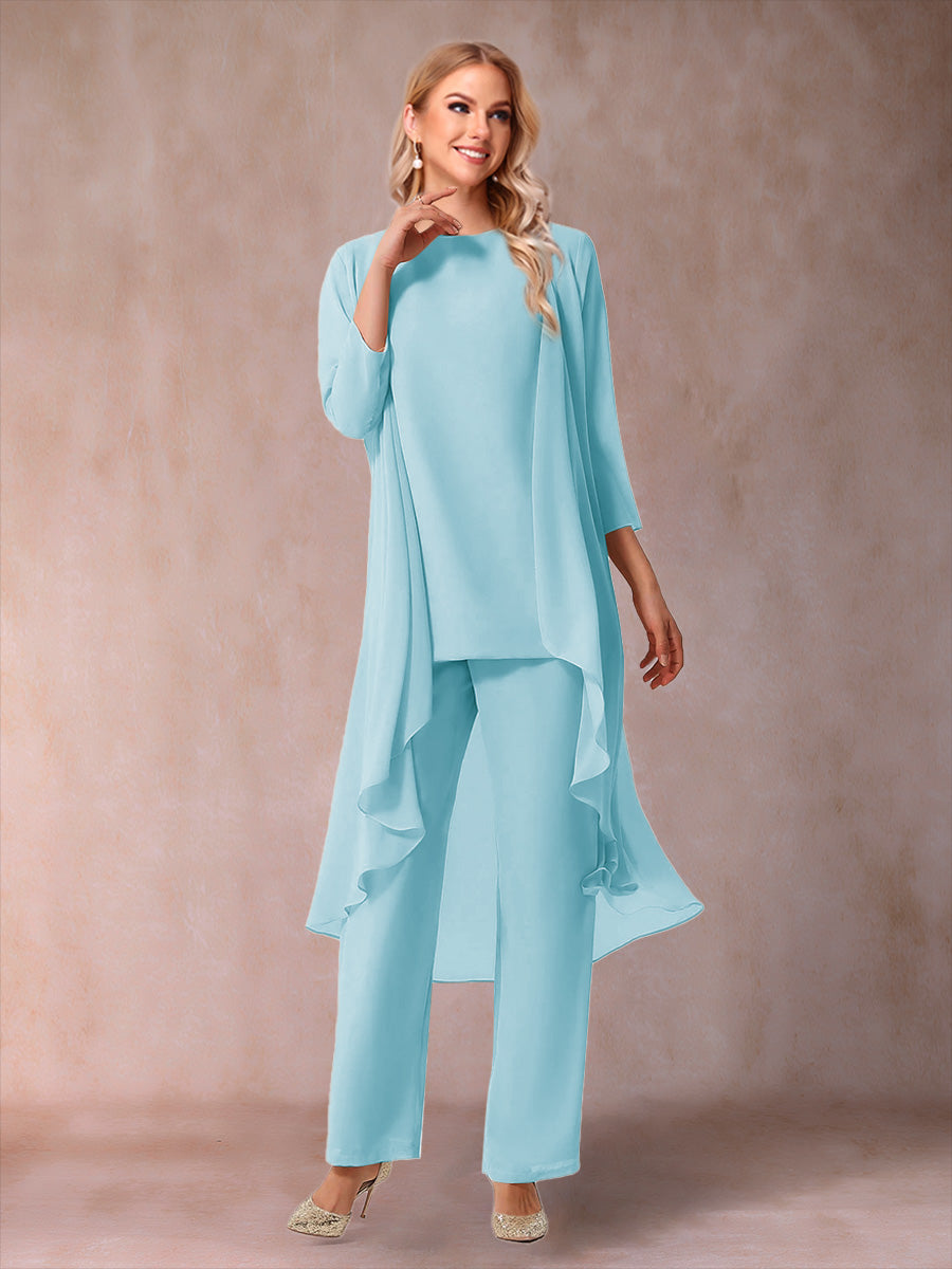 Chiffon Scoop 3/4 Sleeves 3 Pieces Pantsuits with Ruched &amp; Jacket