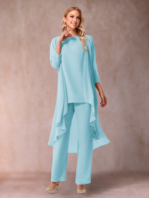 Chiffon Scoop 3/4 Sleeves 3 Pieces Pantsuits with Ruched & Jacket
