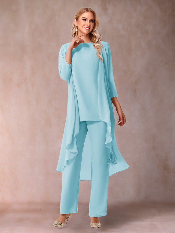 Chiffon Scoop 3/4 Sleeves 3 Pieces Pantsuits with Ruched & Jacket
