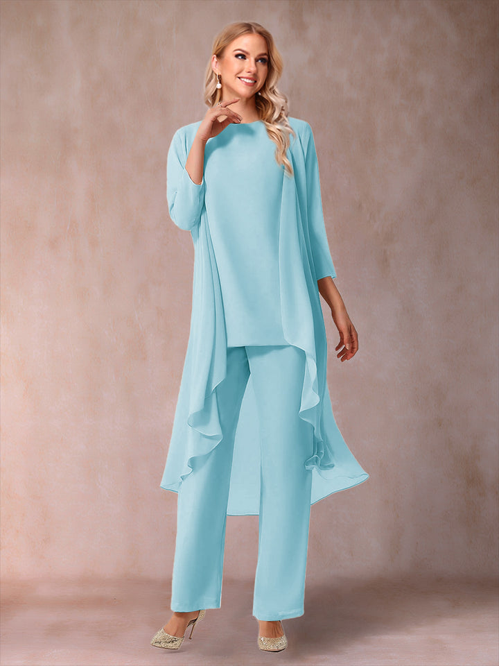 Chiffon Scoop 3/4 Sleeves 3 Pieces Pantsuits with Ruched &amp; Jacket