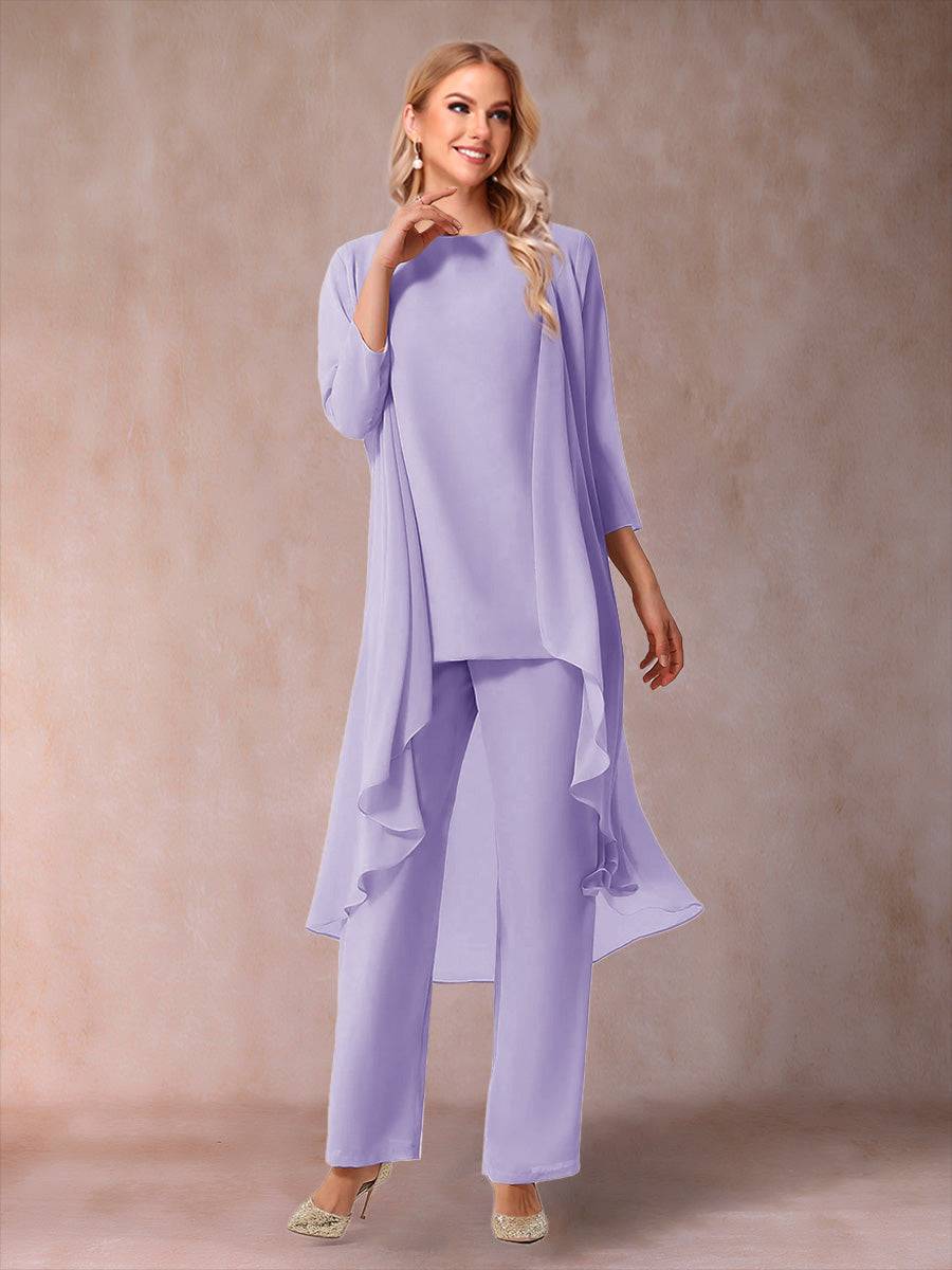 Chiffon Scoop 3/4 Sleeves 3 Pieces Pantsuits with Ruched &amp; Jacket
