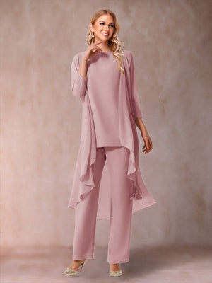 Chiffon Scoop 3/4 Sleeves 3 Pieces Pantsuits with Ruched & Jacket