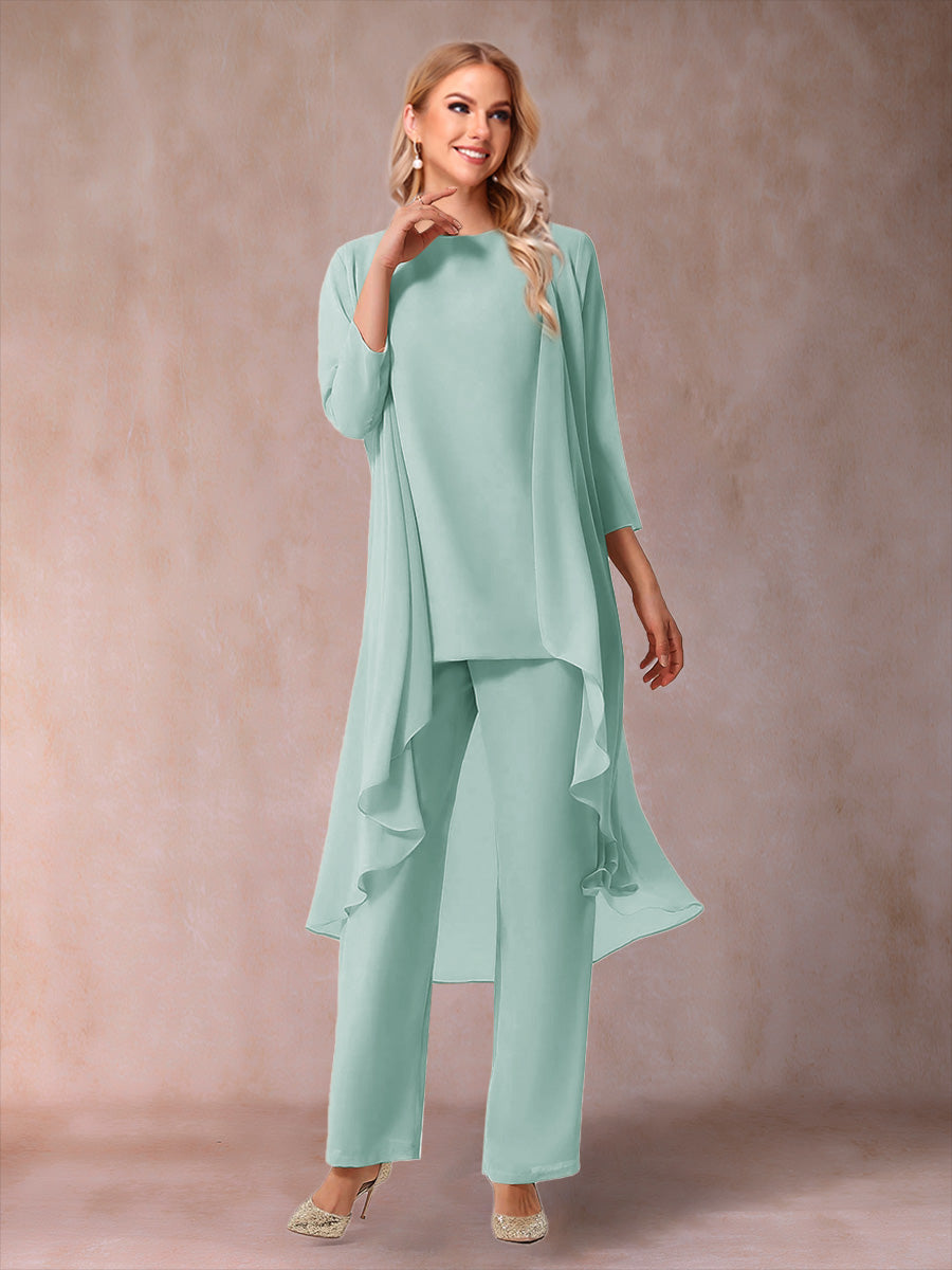 Chiffon Scoop 3/4 Sleeves 3 Pieces Pantsuits with Ruched &amp; Jacket