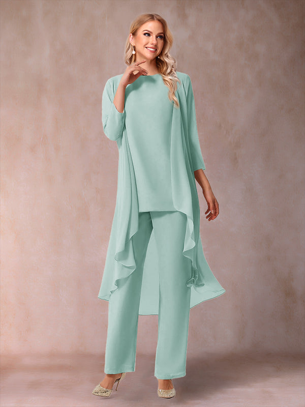 Chiffon Scoop 3/4 Sleeves 3 Pieces Pantsuits with Ruched & Jacket