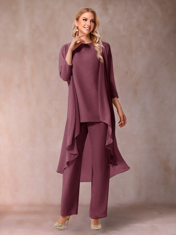 Chiffon Scoop 3/4 Sleeves 3 Pieces Pantsuits with Ruched & Jacket