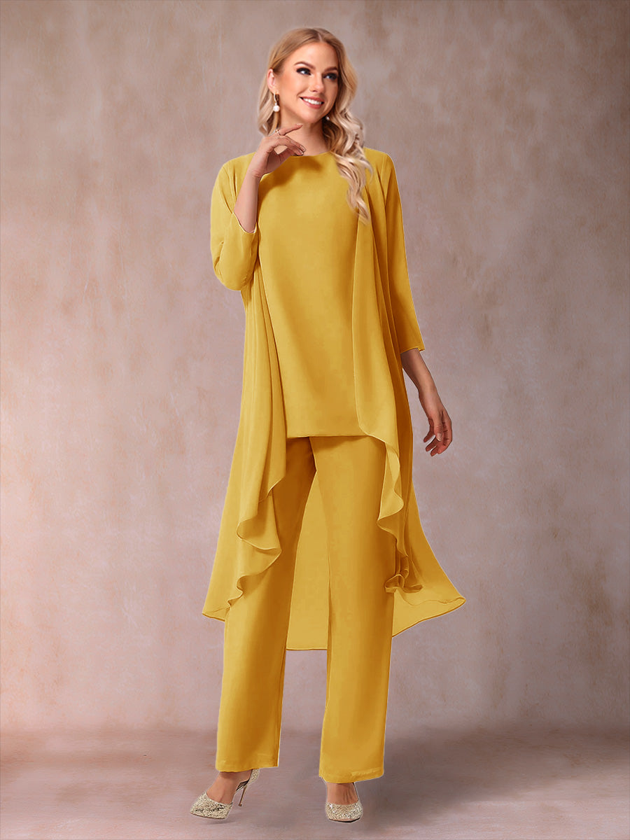 Chiffon Scoop 3/4 Sleeves 3 Pieces Pantsuits with Ruched &amp; Jacket