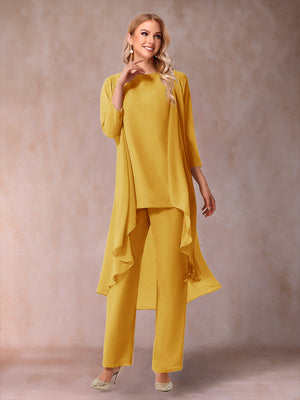Chiffon Scoop 3/4 Sleeves 3 Pieces Pantsuits with Ruched & Jacket