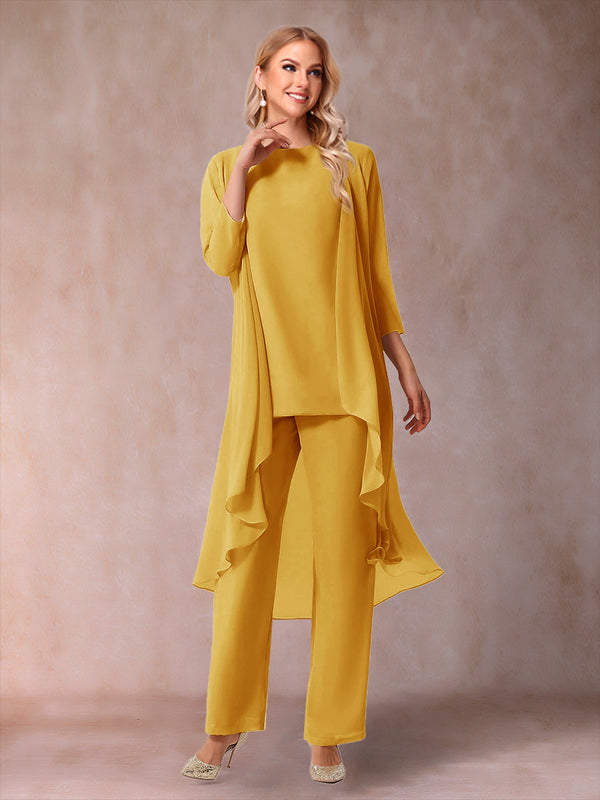 Chiffon Scoop 3/4 Sleeves 3 Pieces Pantsuits with Ruched & Jacket