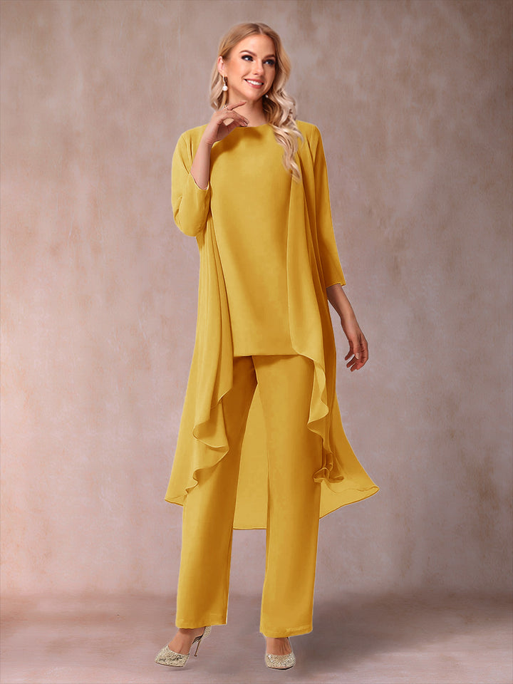 Chiffon Scoop 3/4 Sleeves 3 Pieces Pantsuits with Ruched &amp; Jacket