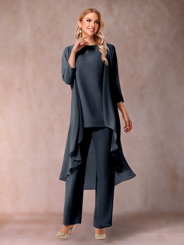 Chiffon Scoop 3/4 Sleeves 3 Pieces Pantsuits with Ruched & Jacket