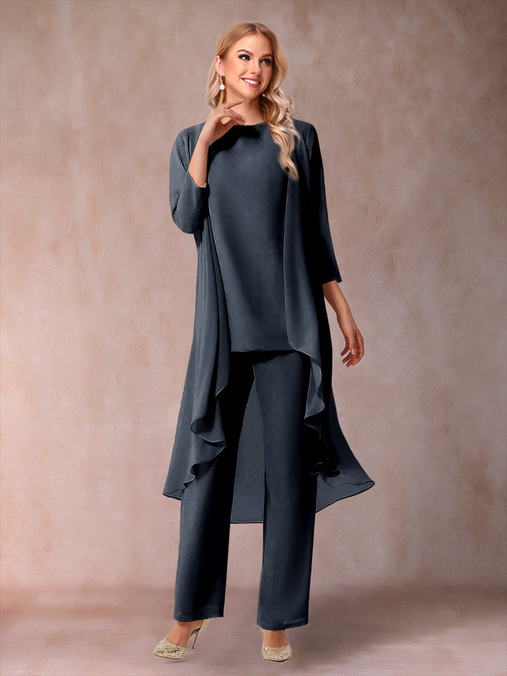 Chiffon Scoop 3/4 Sleeves 3 Pieces Pantsuits with Ruched &amp; Jacket