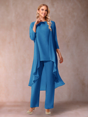 Chiffon Scoop 3/4 Sleeves 3 Pieces Pantsuits with Ruched & Jacket