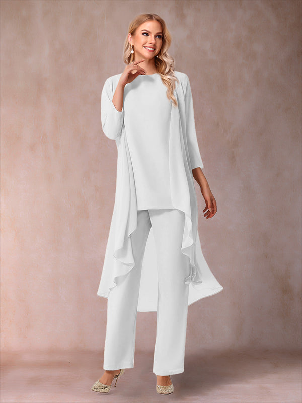 Chiffon Scoop 3/4 Sleeves 3 Pieces Pantsuits with Ruched & Jacket