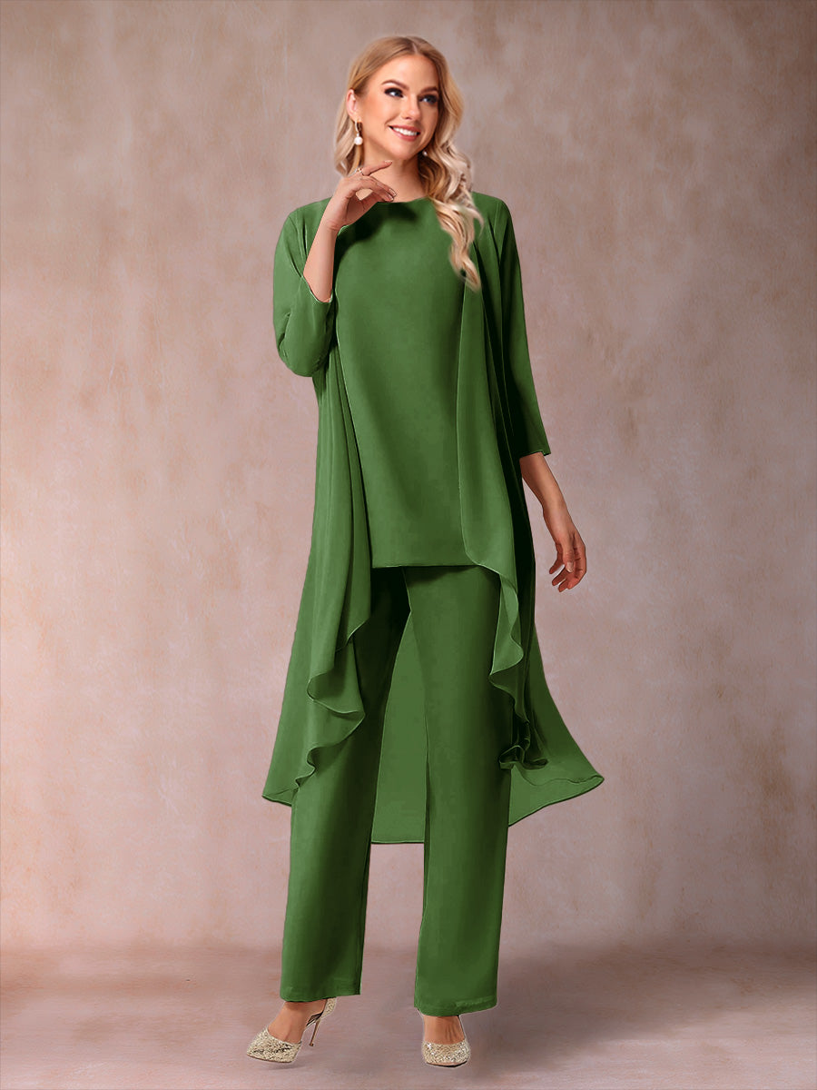 Chiffon Scoop 3/4 Sleeves 3 Pieces Pantsuits with Ruched &amp; Jacket