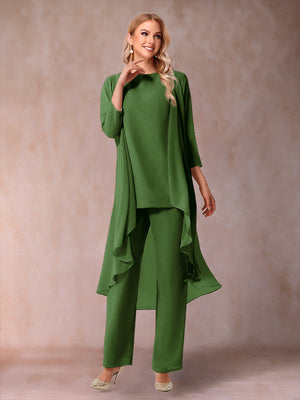 Chiffon Scoop 3/4 Sleeves 3 Pieces Pantsuits with Ruched & Jacket