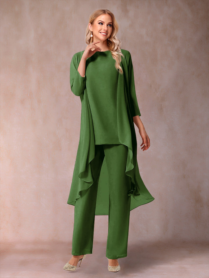Chiffon Scoop 3/4 Sleeves 3 Pieces Pantsuits with Ruched &amp; Jacket