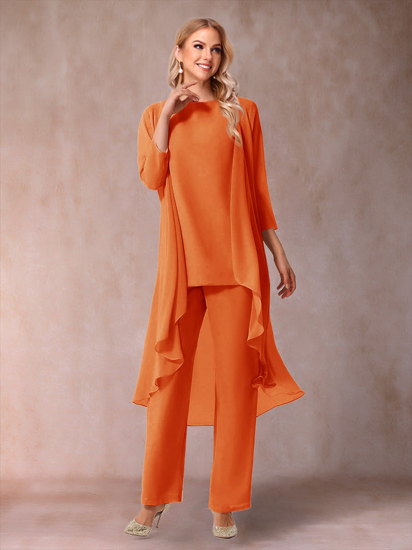 Chiffon Scoop 3/4 Sleeves 3 Pieces Pantsuits with Ruched & Jacket
