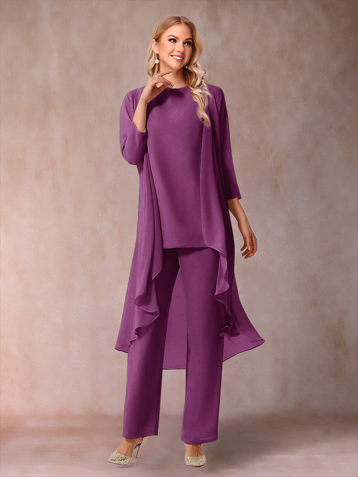 Chiffon Scoop 3/4 Sleeves 3 Pieces Pantsuits with Ruched &amp; Jacket