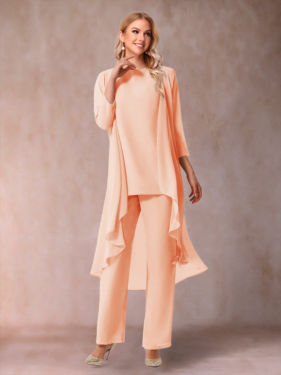 Chiffon Scoop 3/4 Sleeves 3 Pieces Pantsuits with Ruched &amp; Jacket