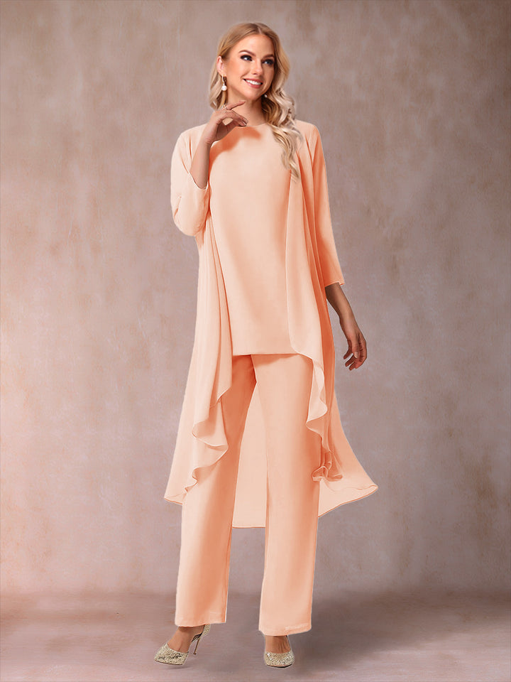 Chiffon Scoop 3/4 Sleeves 3 Pieces Pantsuits with Ruched &amp; Jacket