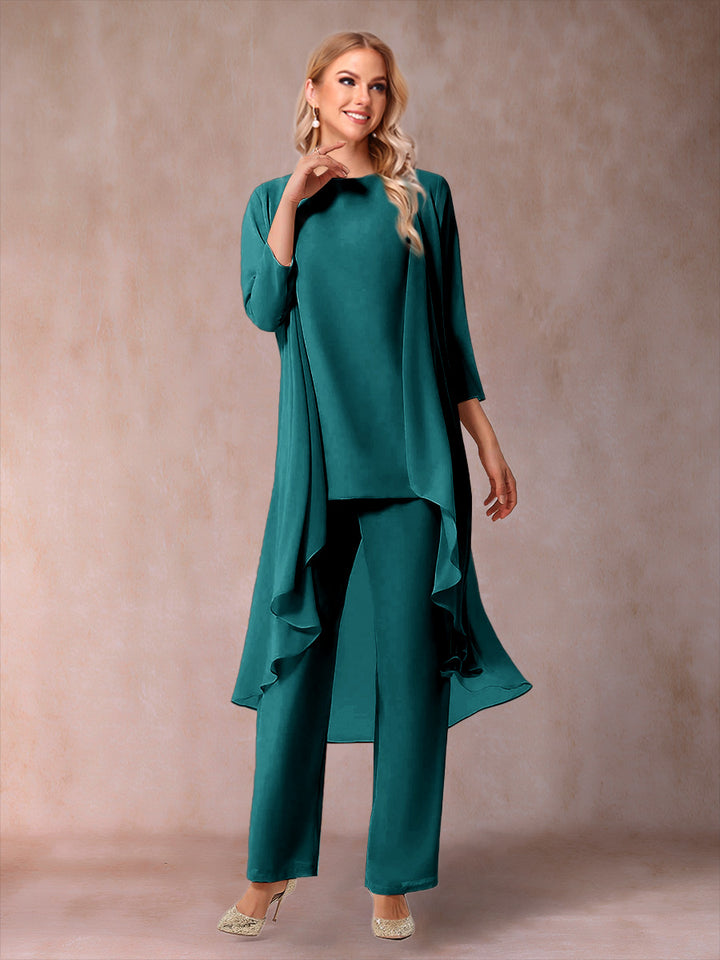 Chiffon Scoop 3/4 Sleeves 3 Pieces Pantsuits with Ruched &amp; Jacket