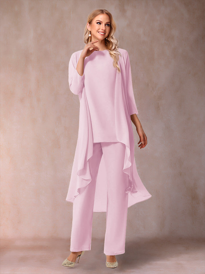 Chiffon Scoop 3/4 Sleeves 3 Pieces Pantsuits with Ruched &amp; Jacket