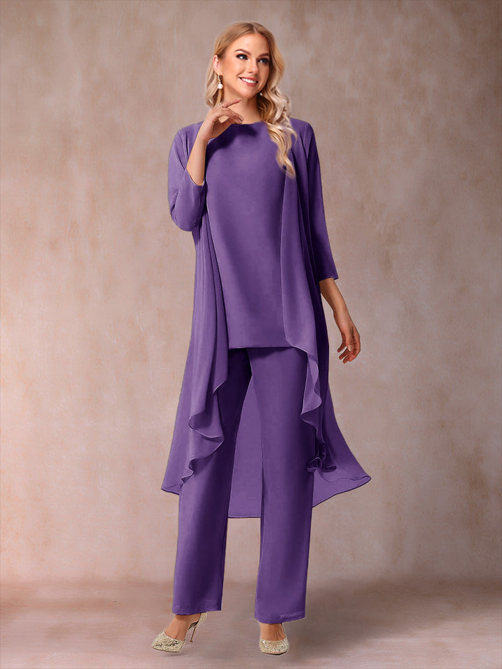 Chiffon Scoop 3/4 Sleeves 3 Pieces Pantsuits with Ruched &amp; Jacket