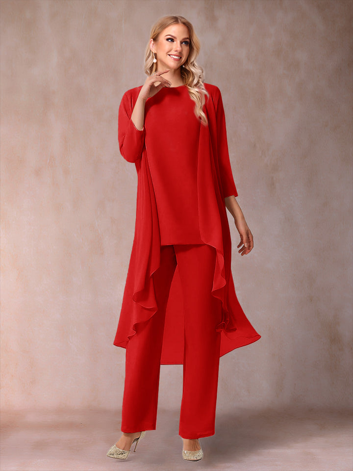 Chiffon Scoop 3/4 Sleeves 3 Pieces Pantsuits with Ruched &amp; Jacket