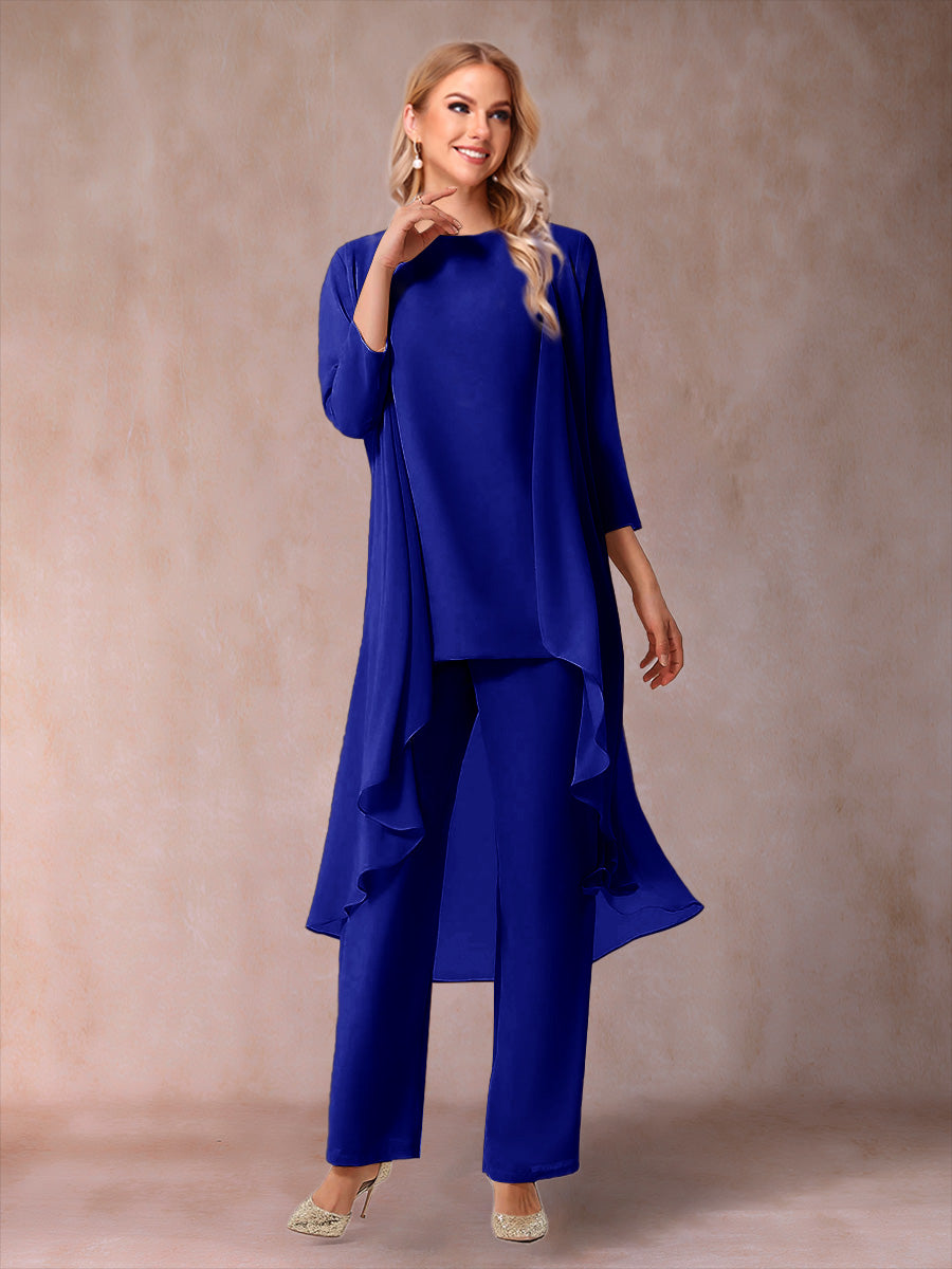 Chiffon Scoop 3/4 Sleeves 3 Pieces Pantsuits with Ruched &amp; Jacket