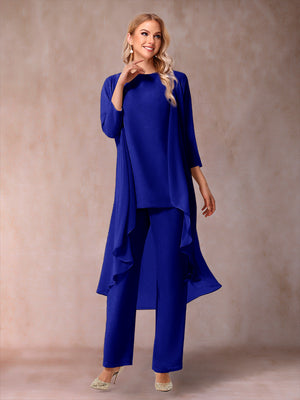 Chiffon Scoop 3/4 Sleeves 3 Pieces Pantsuits with Ruched & Jacket