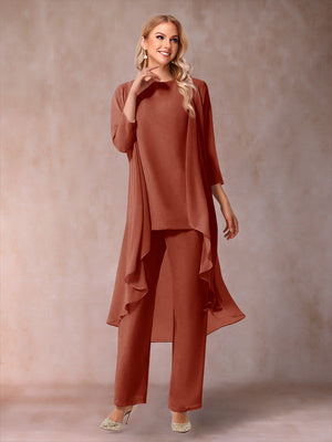 Chiffon Scoop 3/4 Sleeves 3 Pieces Pantsuits with Ruched & Jacket