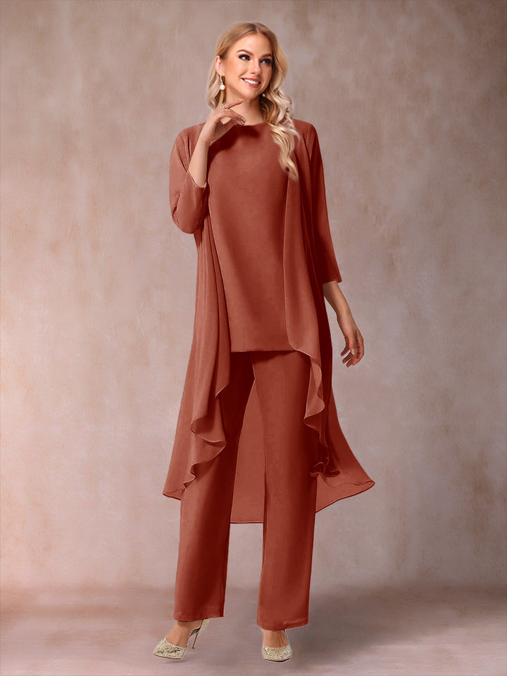 Chiffon Scoop 3/4 Sleeves 3 Pieces Pantsuits with Ruched &amp; Jacket