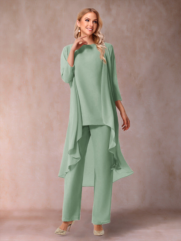 Chiffon Scoop 3/4 Sleeves 3 Pieces Pantsuits with Ruched & Jacket