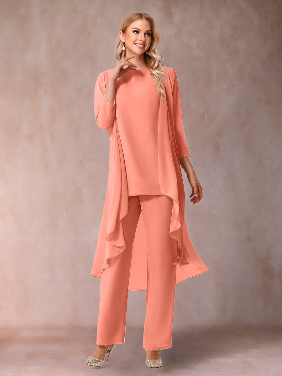 Chiffon Scoop 3/4 Sleeves 3 Pieces Pantsuits with Ruched &amp; Jacket