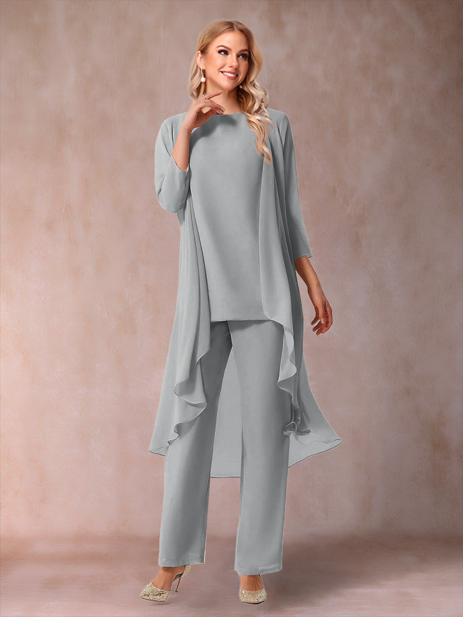 Chiffon Scoop 3/4 Sleeves 3 Pieces Pantsuits with Ruched &amp; Jacket