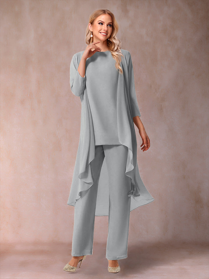 Chiffon Scoop 3/4 Sleeves 3 Pieces Pantsuits with Ruched &amp; Jacket
