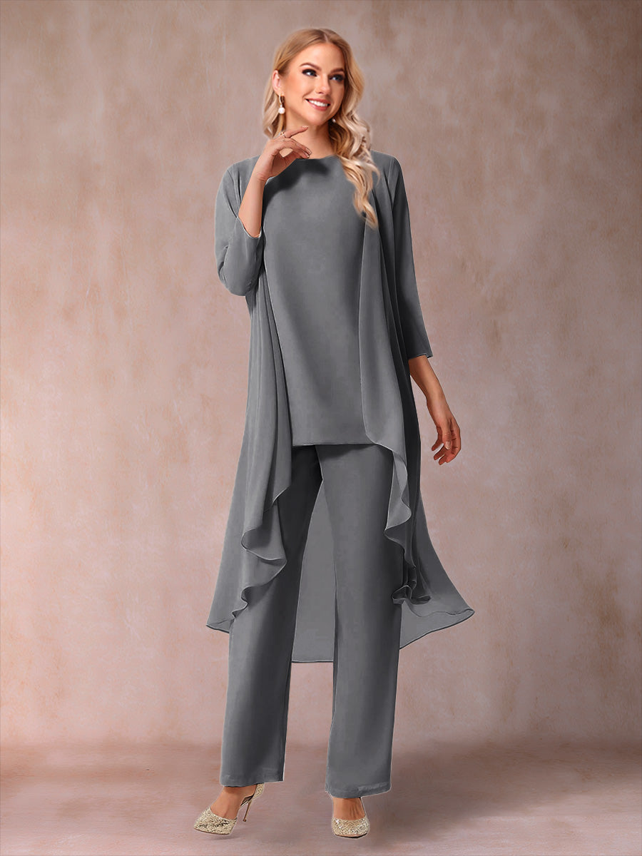 Chiffon Scoop 3/4 Sleeves 3 Pieces Pantsuits with Ruched &amp; Jacket