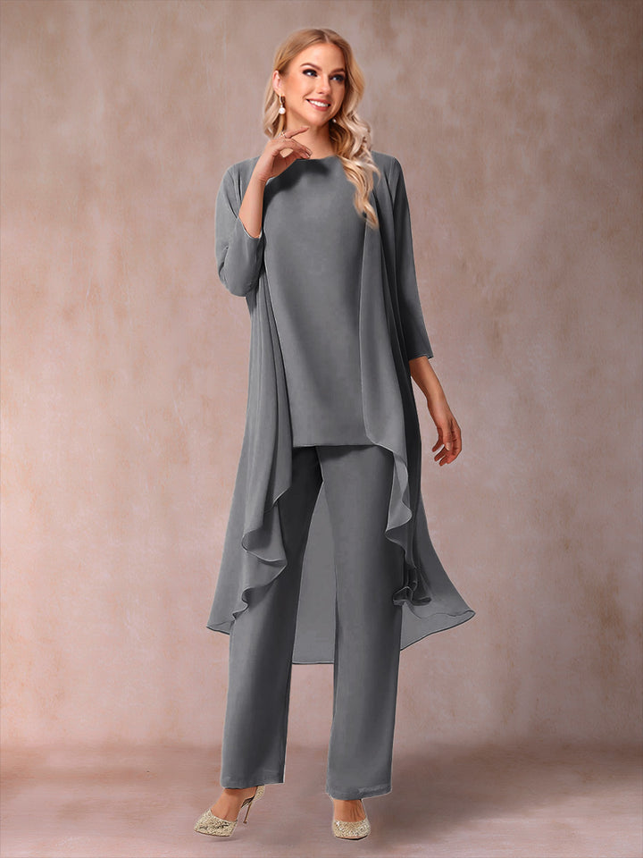 Chiffon Scoop 3/4 Sleeves 3 Pieces Pantsuits with Ruched &amp; Jacket