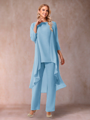 Chiffon Scoop 3/4 Sleeves 3 Pieces Pantsuits with Ruched & Jacket