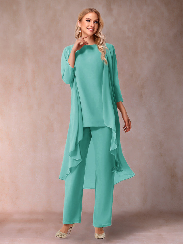 Chiffon Scoop 3/4 Sleeves 3 Pieces Pantsuits with Ruched &amp; Jacket
