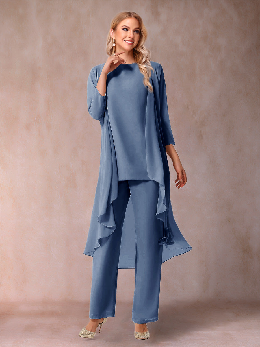 Chiffon Scoop 3/4 Sleeves 3 Pieces Pantsuits with Ruched &amp; Jacket
