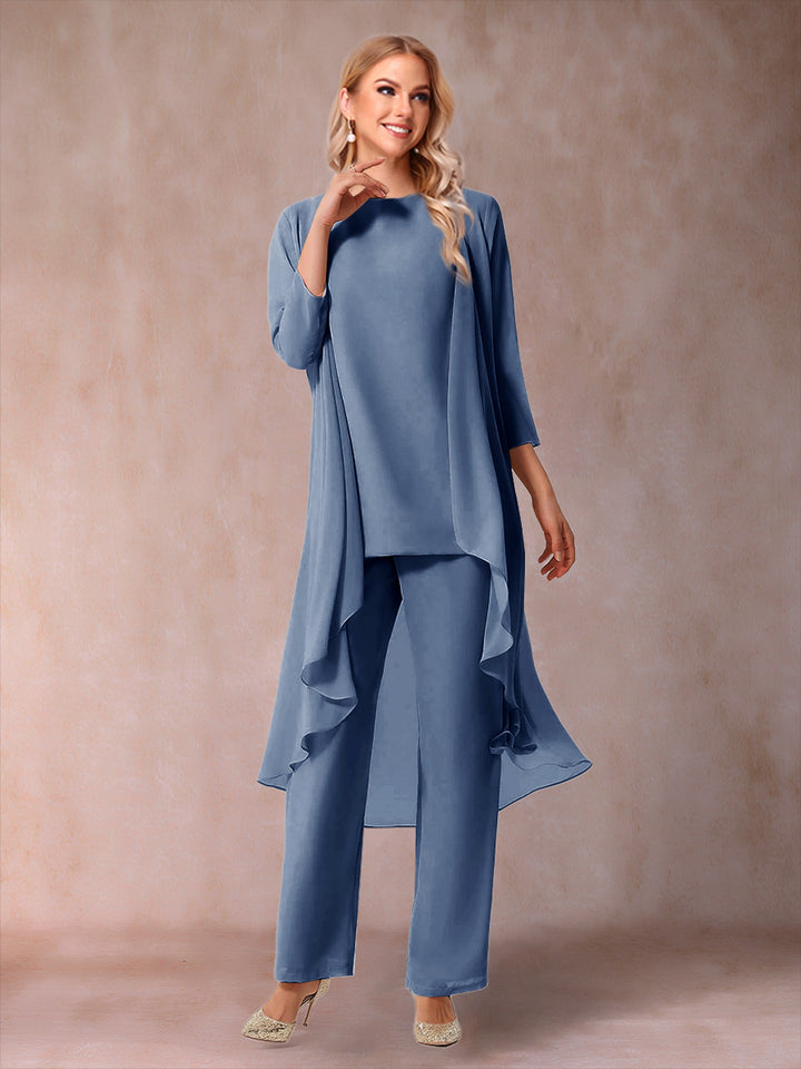 Chiffon Scoop 3/4 Sleeves 3 Pieces Pantsuits with Ruched &amp; Jacket