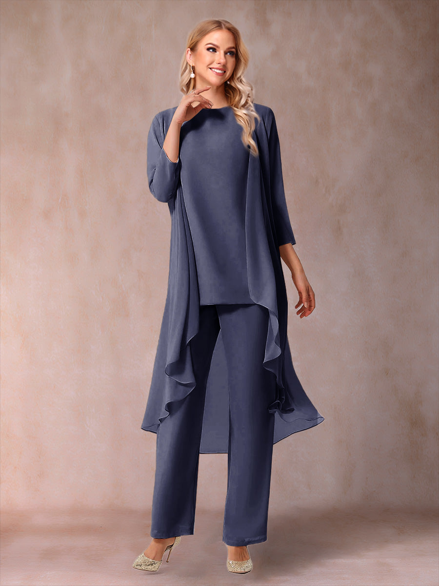 Chiffon Scoop 3/4 Sleeves 3 Pieces Pantsuits with Ruched &amp; Jacket
