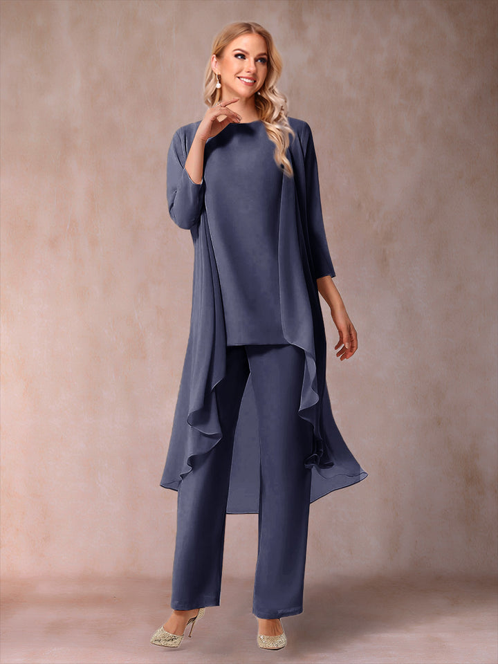 Chiffon Scoop 3/4 Sleeves 3 Pieces Pantsuits with Ruched &amp; Jacket