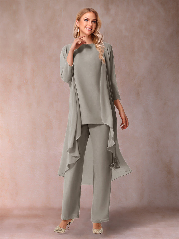 Chiffon Scoop 3/4 Sleeves 3 Pieces Pantsuits with Ruched &amp; Jacket