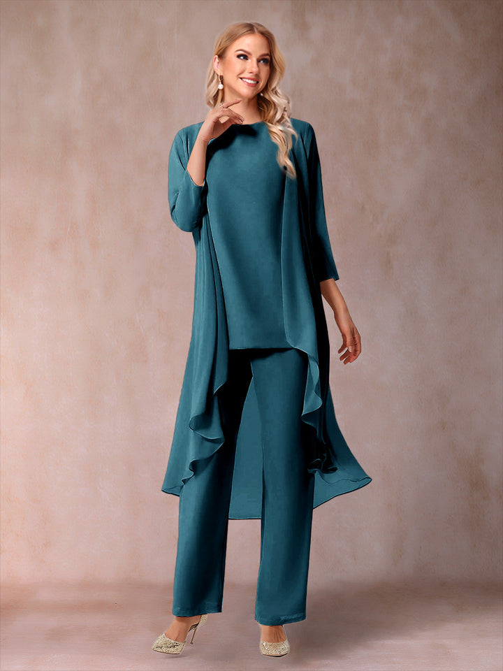 Chiffon Scoop 3/4 Sleeves 3 Pieces Pantsuits with Ruched &amp; Jacket