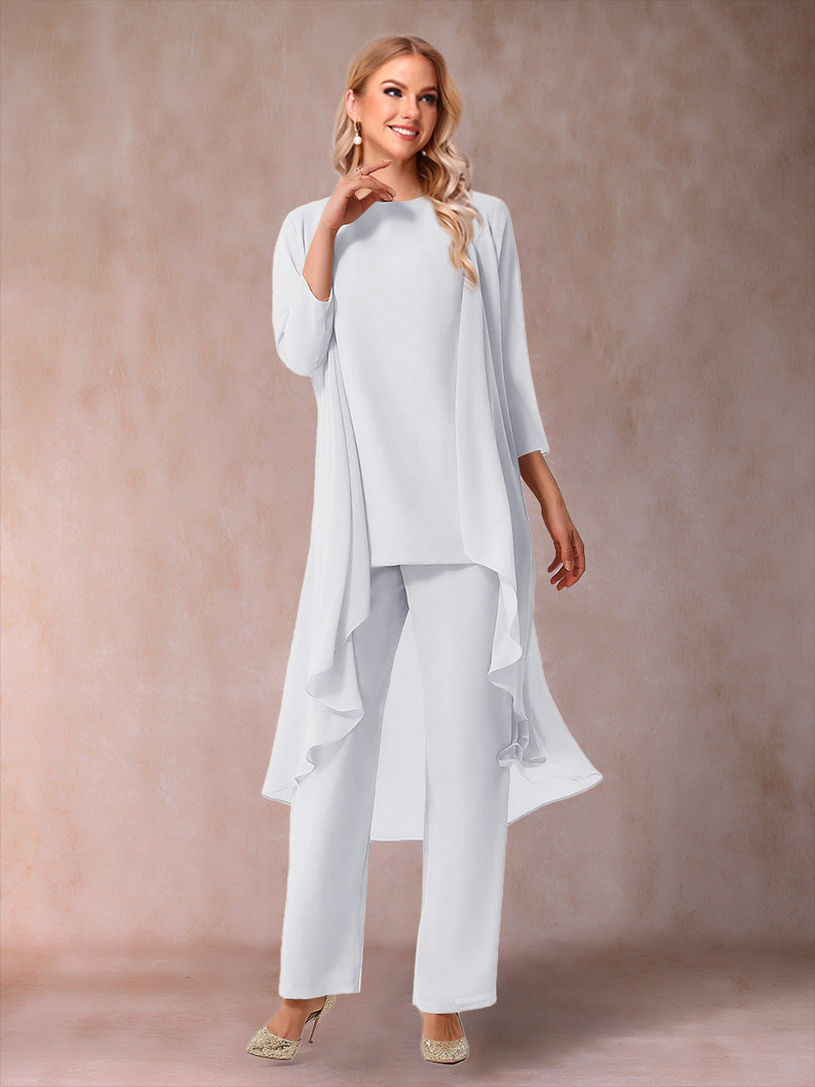 Chiffon Scoop 3/4 Sleeves 3 Pieces Pantsuits with Ruched &amp; Jacket