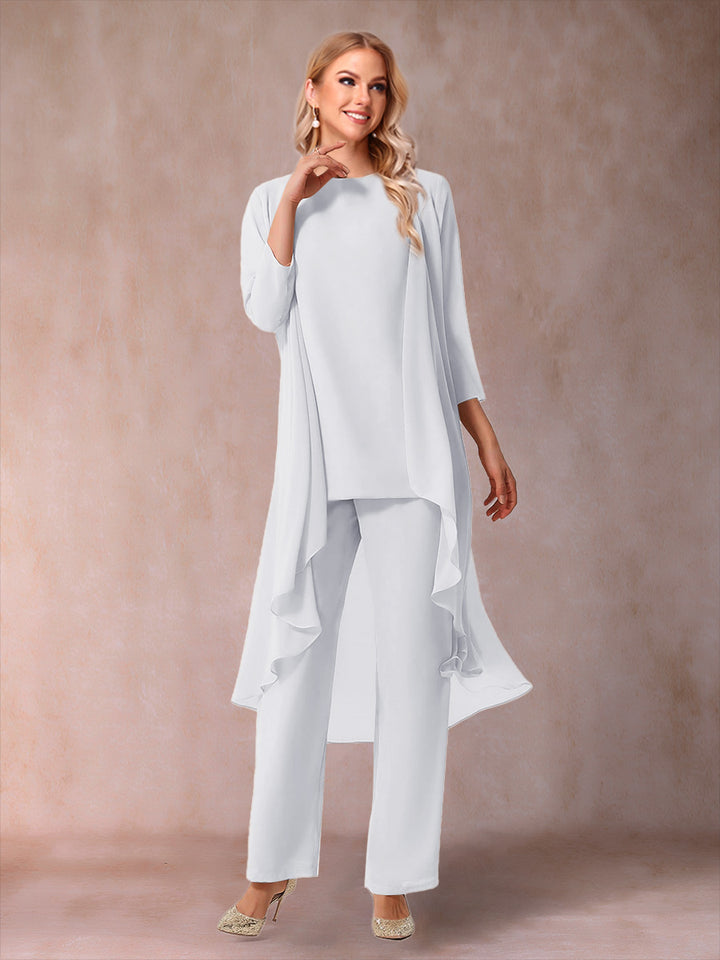Chiffon Scoop 3/4 Sleeves 3 Pieces Pantsuits with Ruched &amp; Jacket